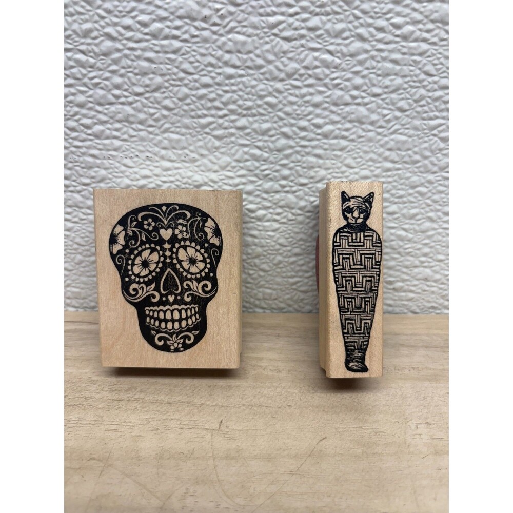 Mixed Brands Set Of 2 Wood Mounted Rubber Stamps Skull & Mummy Cat